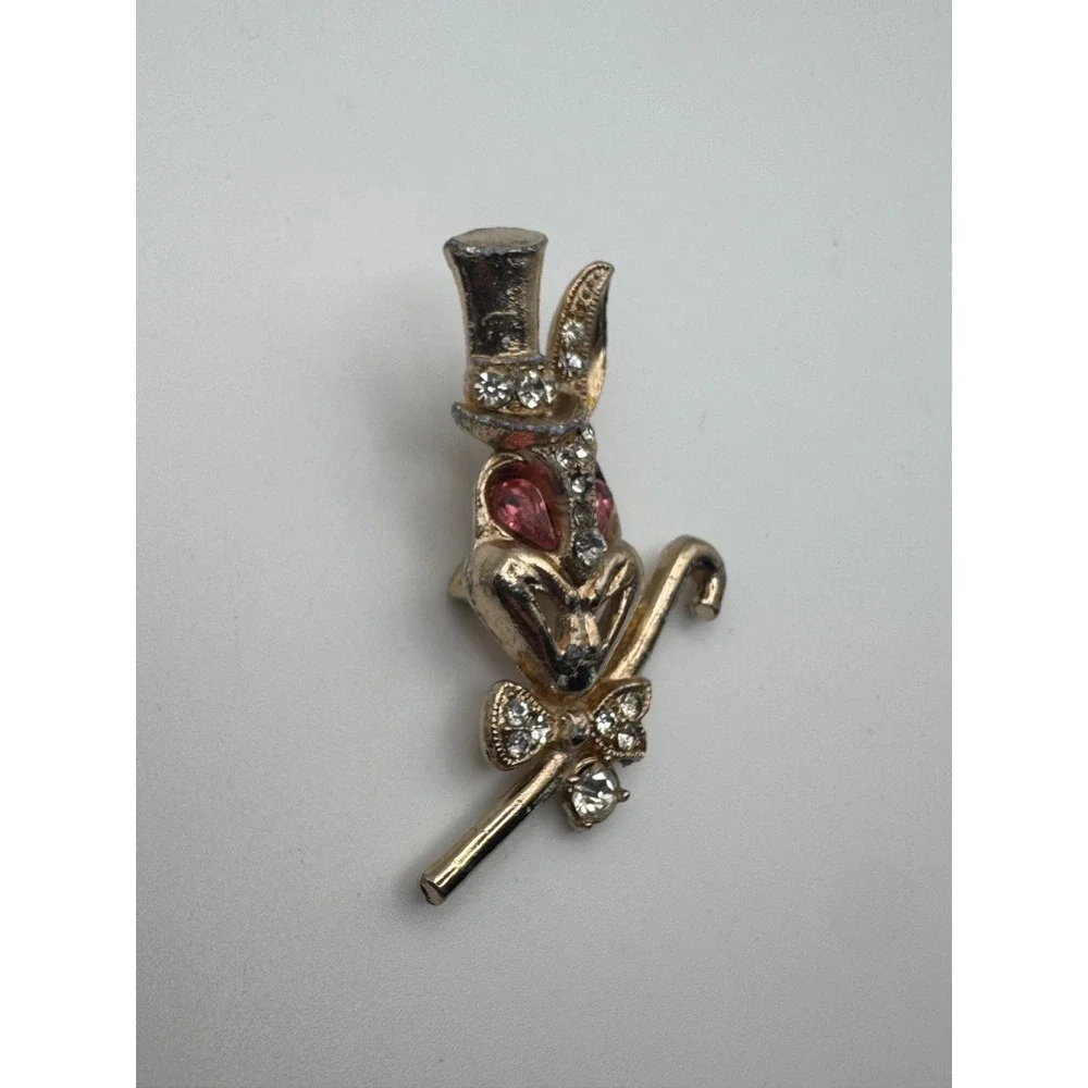 Vintage Bunny Brooch Dapper Rabbit Pink Rhinestone Eyes Figural